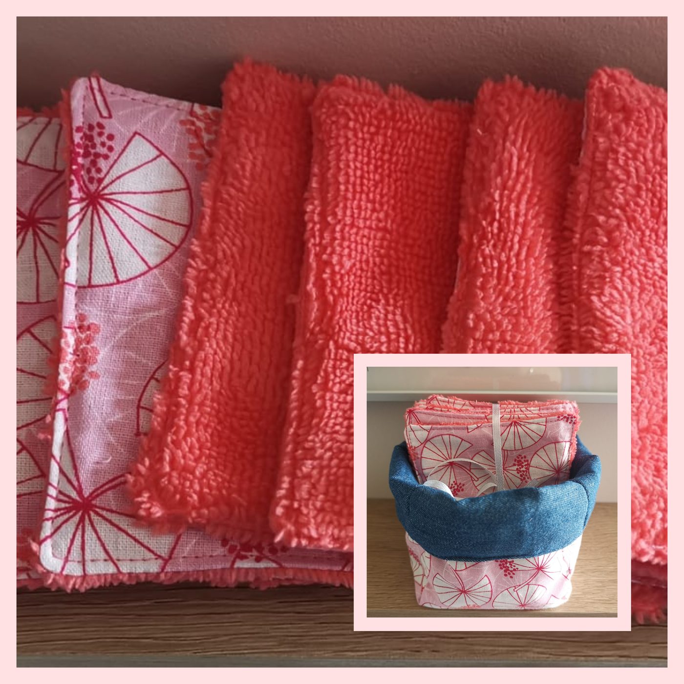 Détail des lingettes cousues et vue du panier de rangement